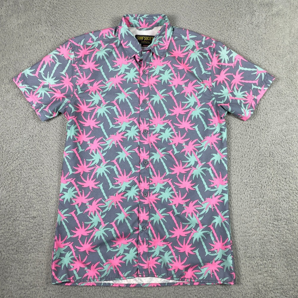 Surf Society Palm Tree Button Down Shirt‎ Mens Medium Gray Pink Tropical